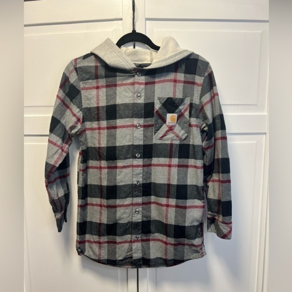 Carhartt Boys Long Sleeve Button Down Flannel Shirt With Hoodie Size Boys Large
